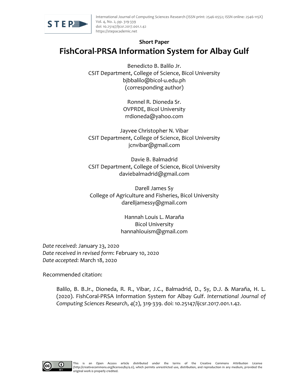 Fishcoral-PRSA Information System for Albay Gulf