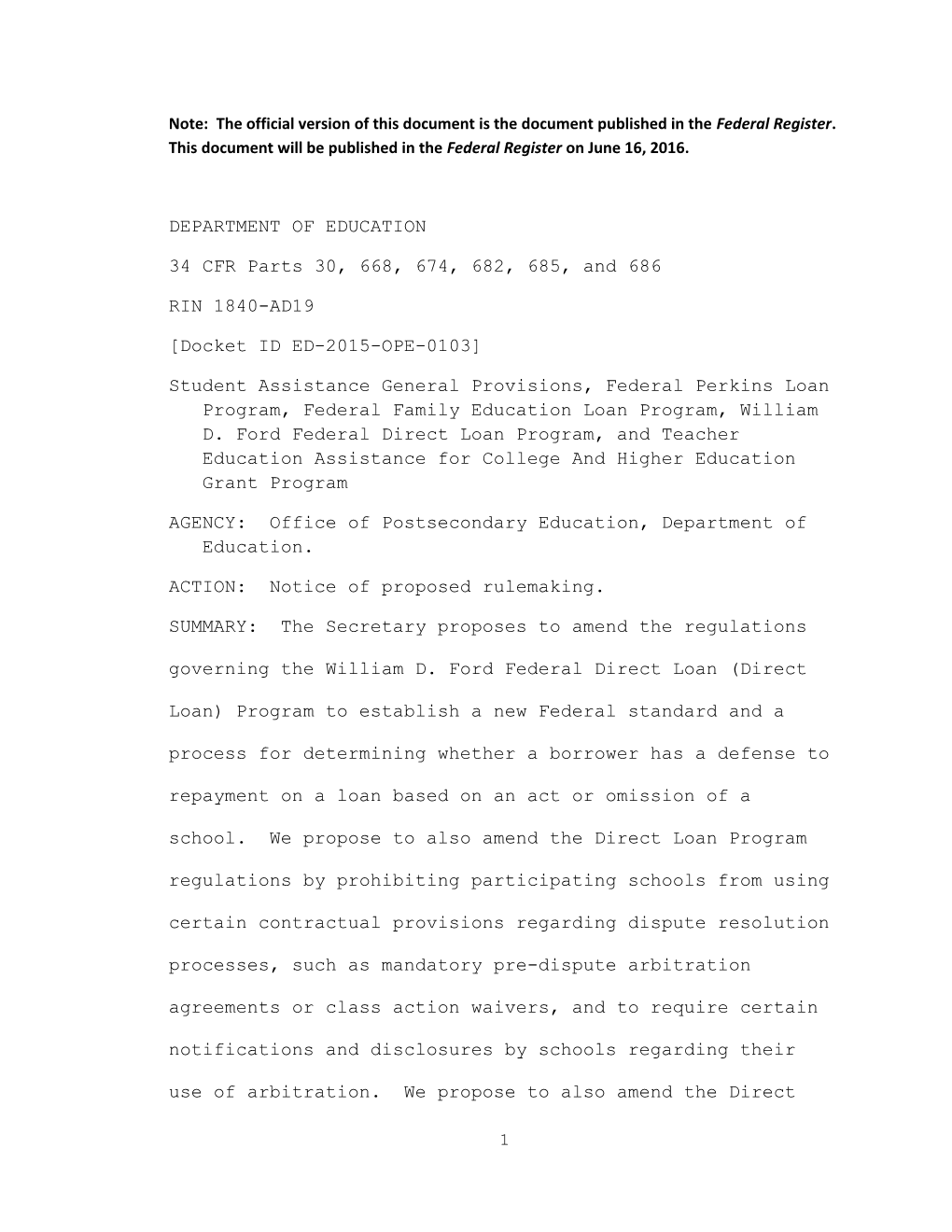 Unofficial Notice of Proposed Rulemaking to Amend Direct Loan Program Regulations on Borrower