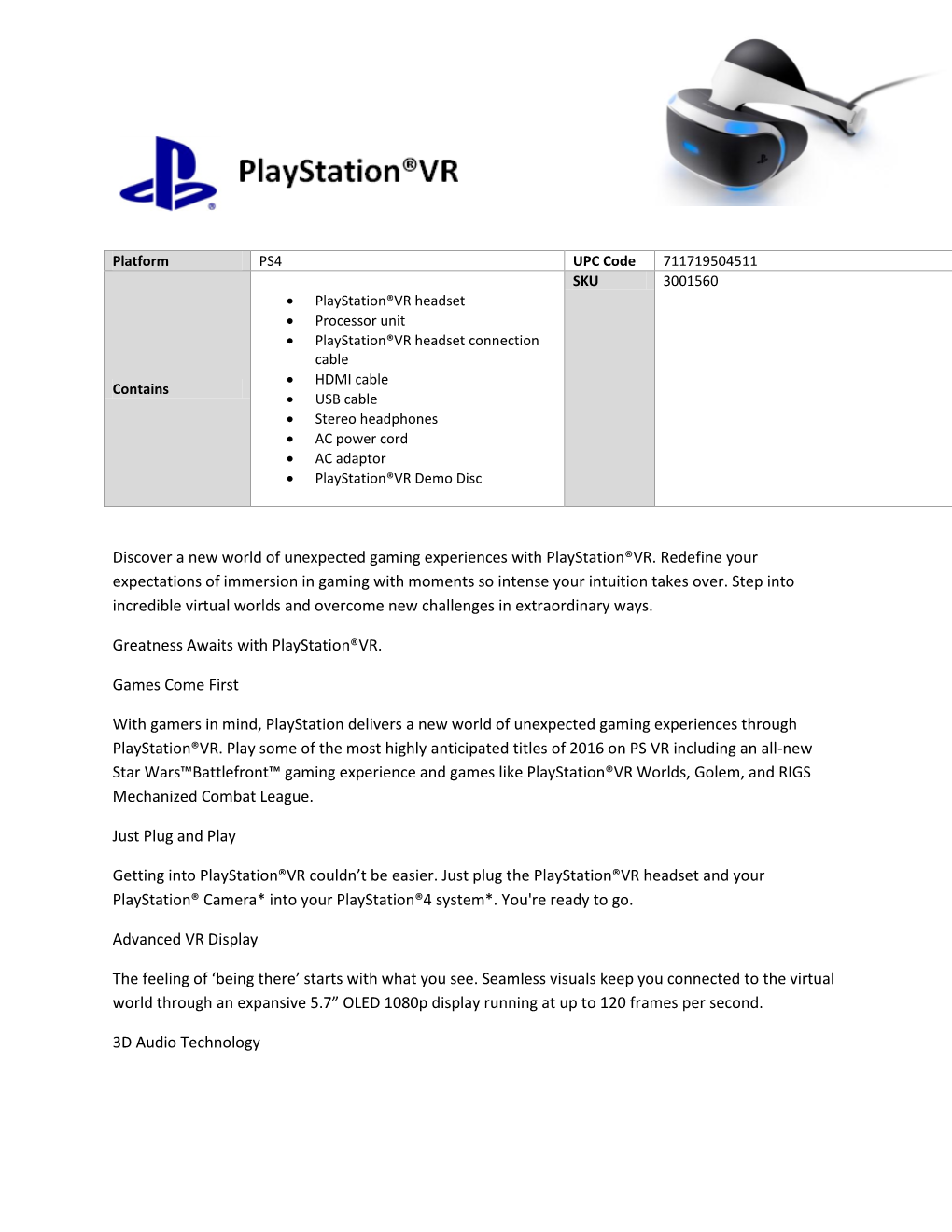 Sony Playstation Virtual Reality Headset Specs