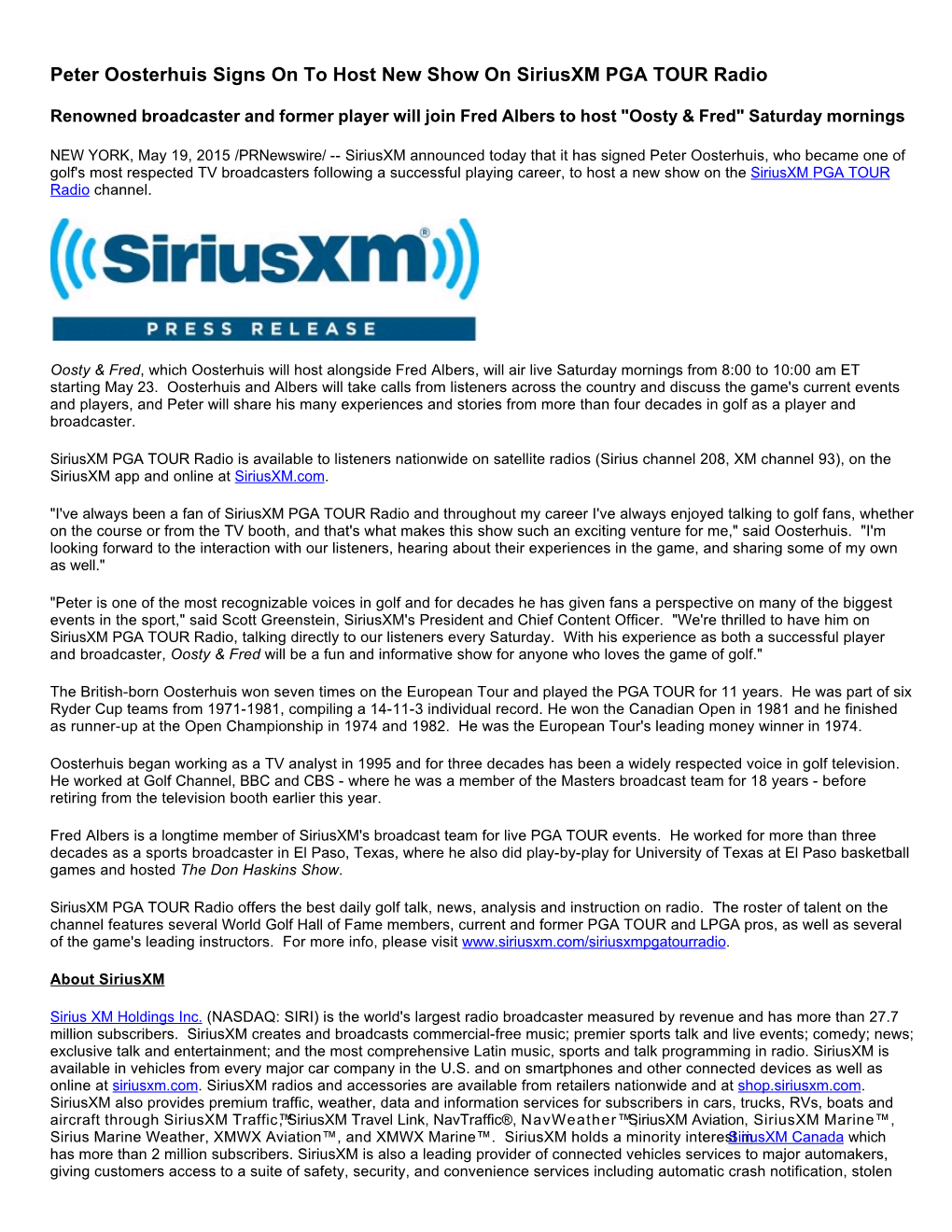 Peter Oosterhuis Signs on to Host New Show on Siriusxm PGA TOUR Radio