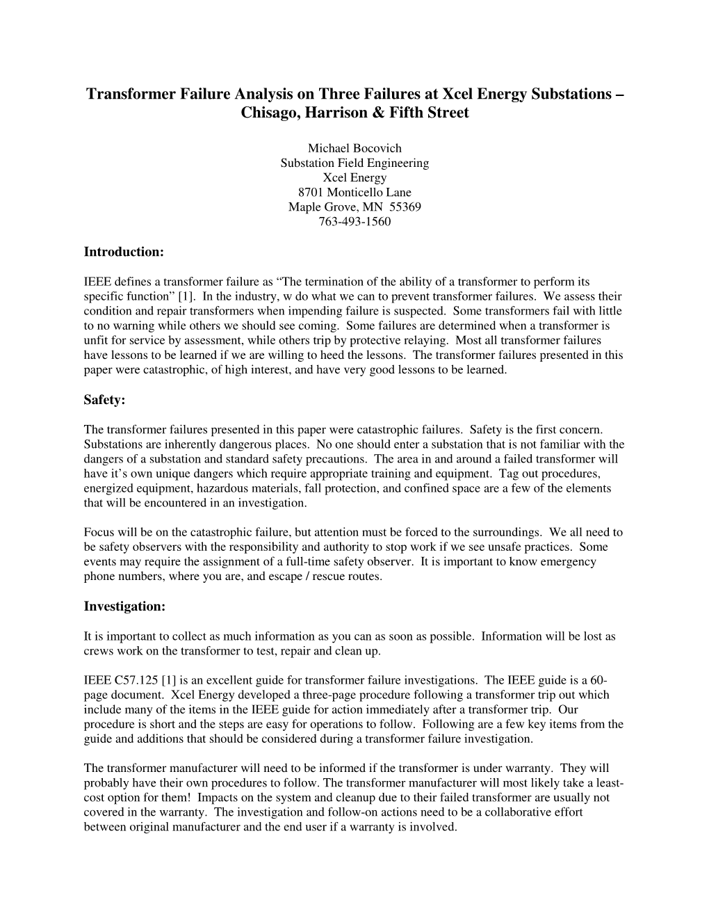 Transformer Failure Analysis on Three Failures at Xcel Energy Substations – Chisago, Harrison & Fifth Street