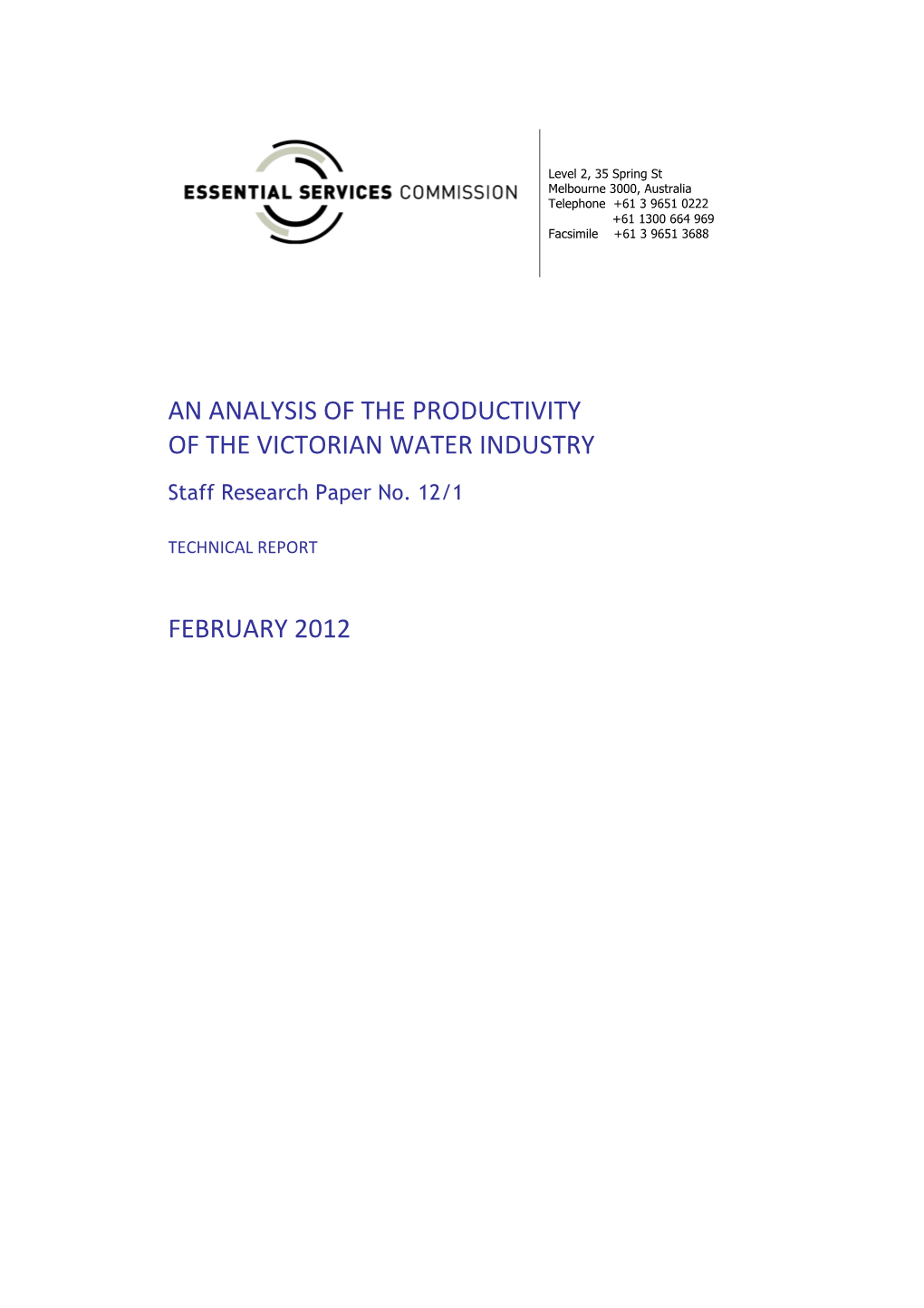 An Analysis of the Productivity of the Victorian Water Industry