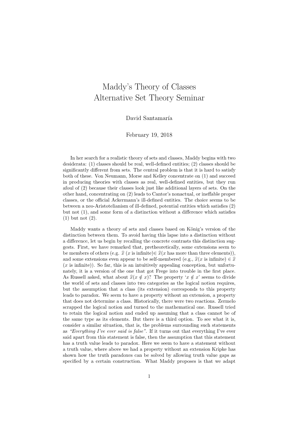 Maddy's Theory of Classes Alternative Set Theory Seminar