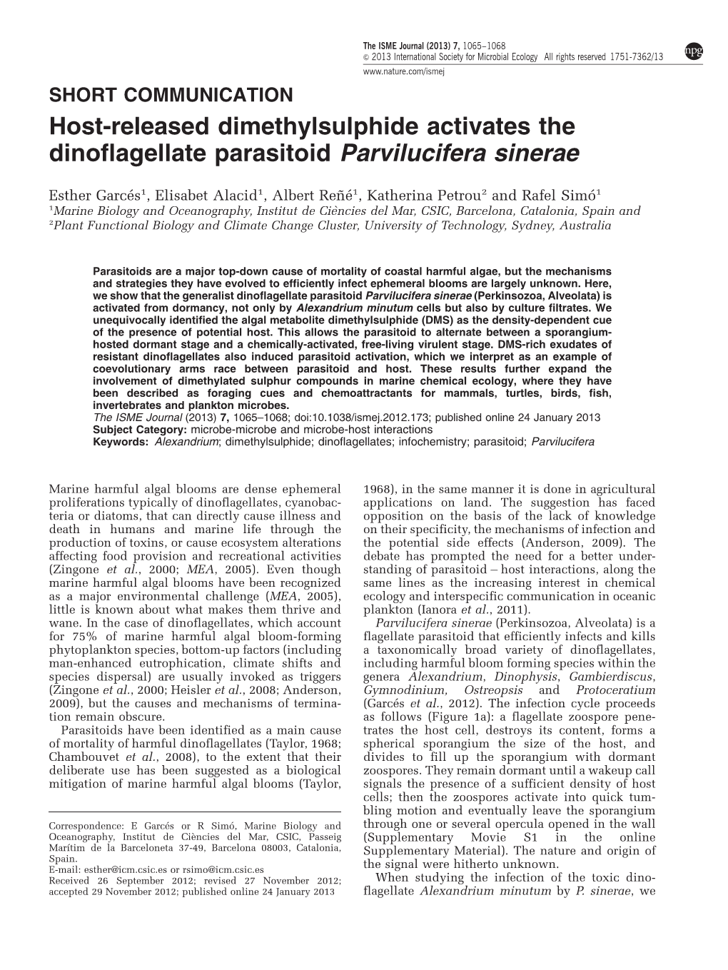 Host-Released Dimethylsulphide Activates the Dinoflagellate Parasitoid Parvilucifera Sinerae