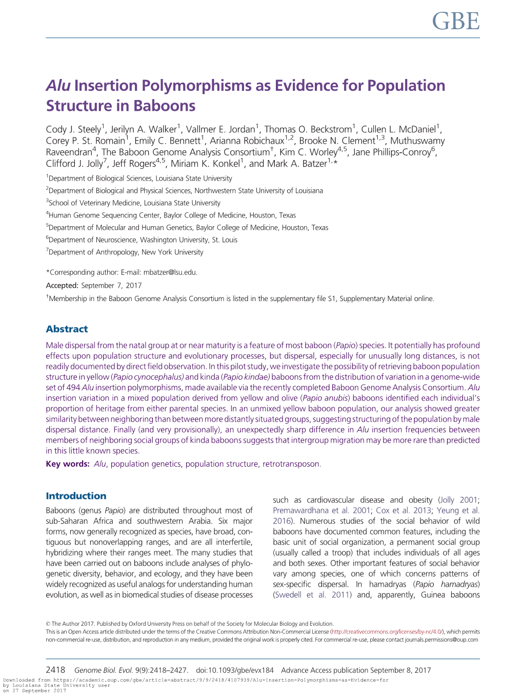 Alu Insertion Polymorphisms As Evidence for Population Structure in Baboons