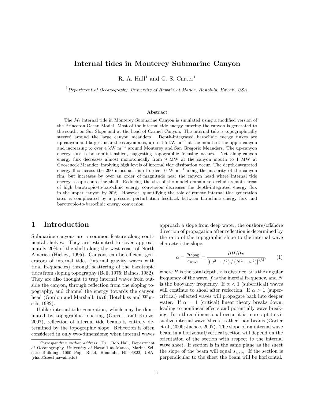 Internal Tides in Monterey Submarine Canyon 1 Introduction