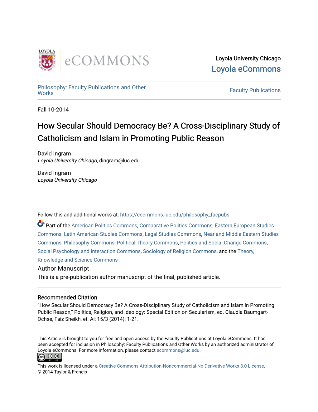 How Secular Should Democracy Be? a Cross-Disciplinary Study of Catholicism and Islam in Promoting Public Reason