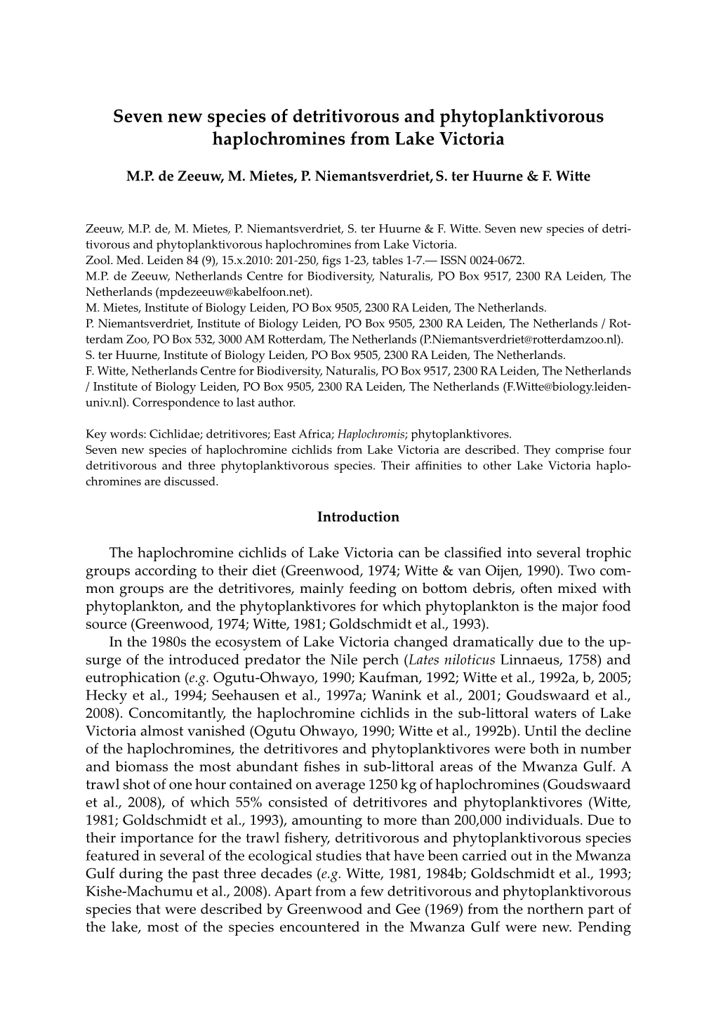 Seven New Species of Detritivorous and Phytoplanktivorous Haplochromines from Lake Victoria