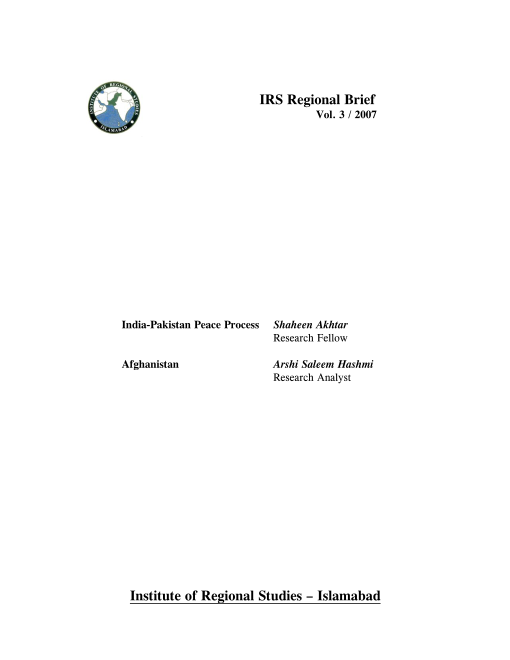 IRS Regional Brief Institute of Regional Studies – Islamabad