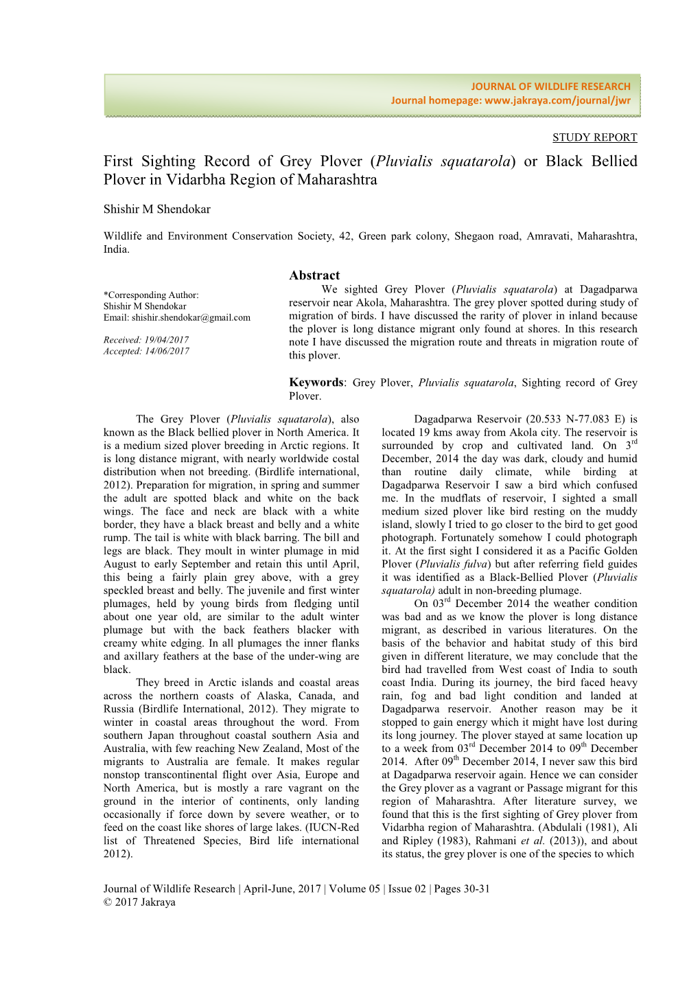 First Sighting Record of Grey Plover (Pluvialis Squatarola) Or Black Bellied Plover in Vidarbha Region of Maharashtra