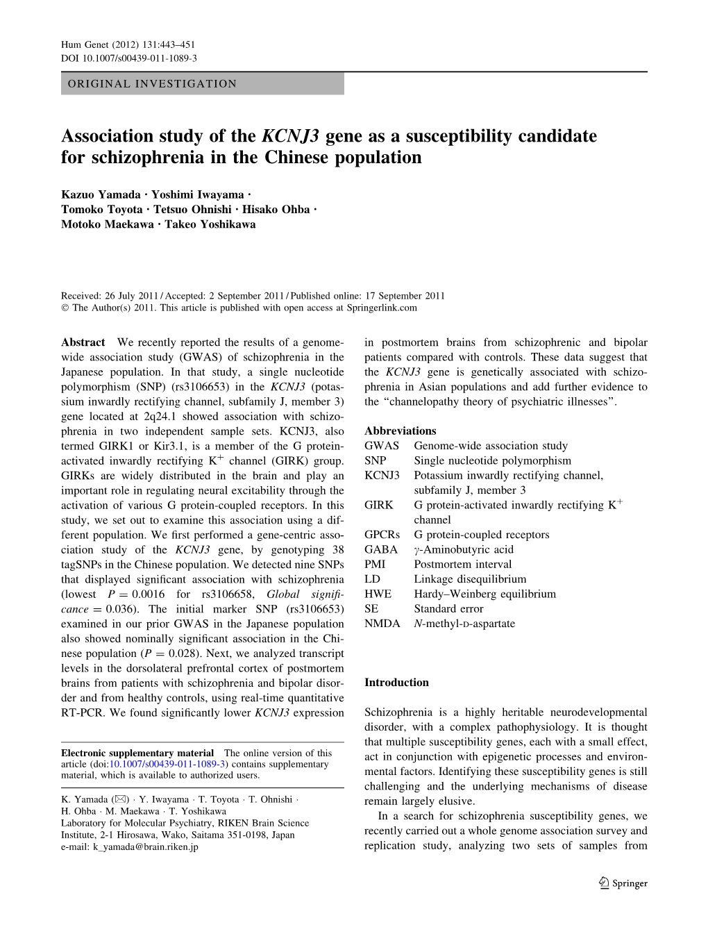 Association Study of the KCNJ3 Gene As a Susceptibility Candidate for Schizophrenia in the Chinese Population