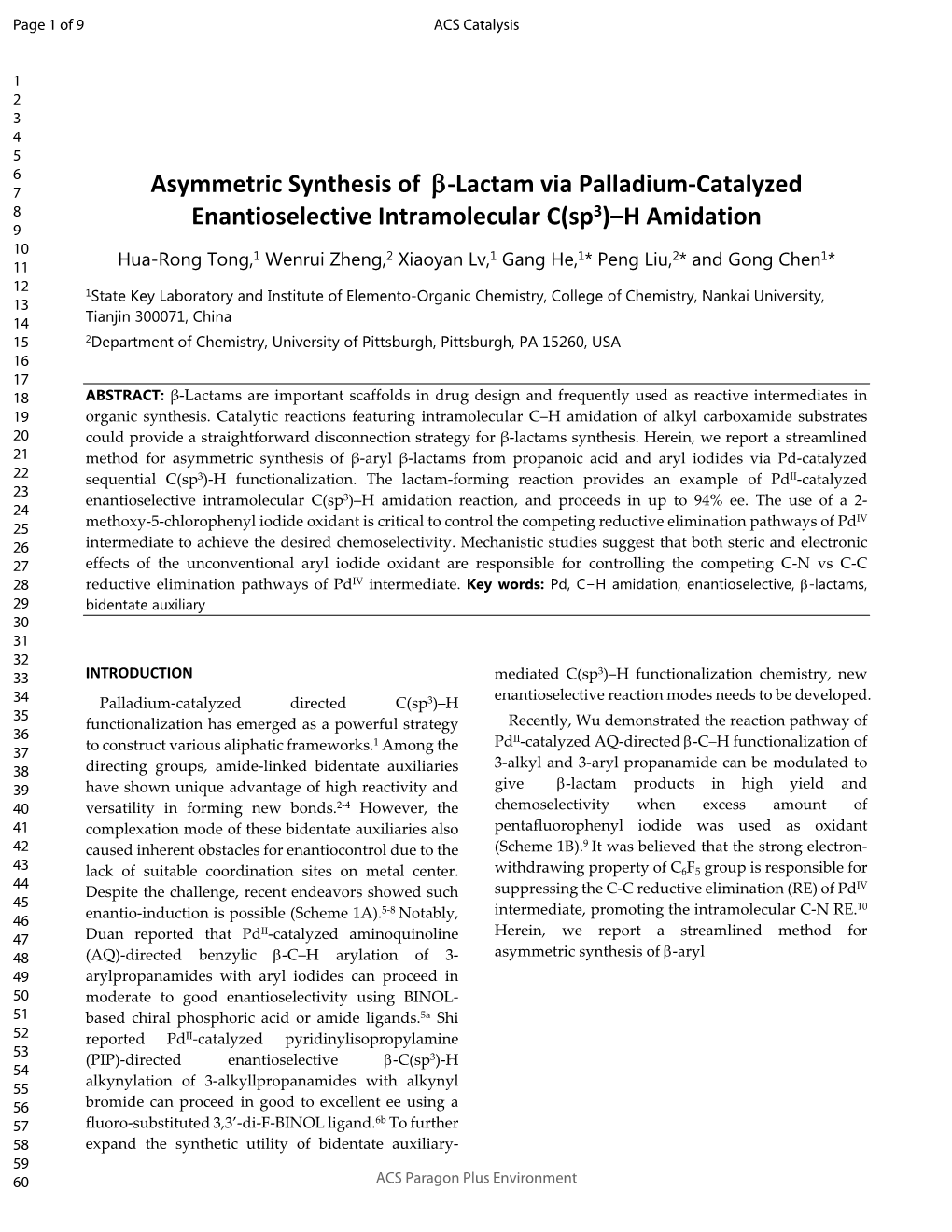 Asymmetric Synthesis of Β-Lactam Via Palladium-Catalyzed