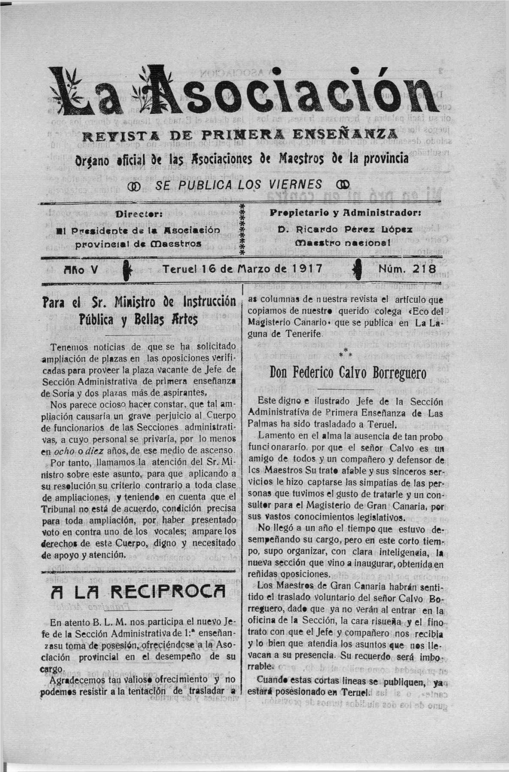 Organo •Ficial 5C La$ Asociaciones 5C Maestros 5E La Provincia Fara El 5R. Ministro 5E Instrucción Fública Y Bellas Artes Ñ