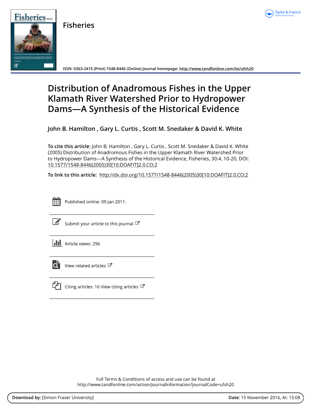 Distribution of Anadromous Fishes in the Upper Klamath River Watershed Prior to Hydropower Dams—A Synthesis of the Historical Evidence