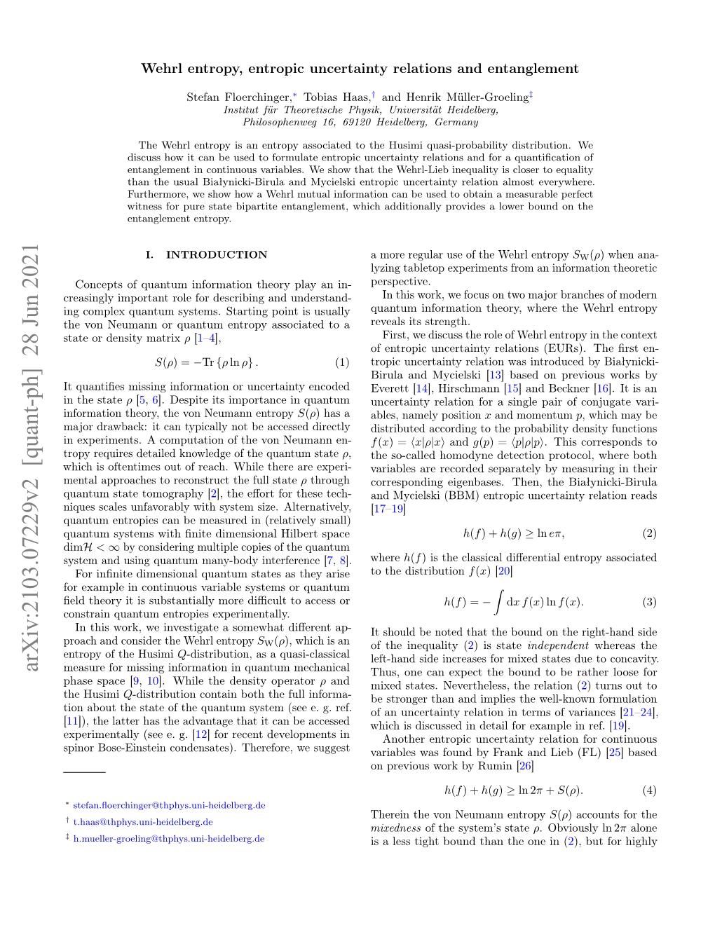 Arxiv:2103.07229V2 [Quant-Ph] 28 Jun 2021