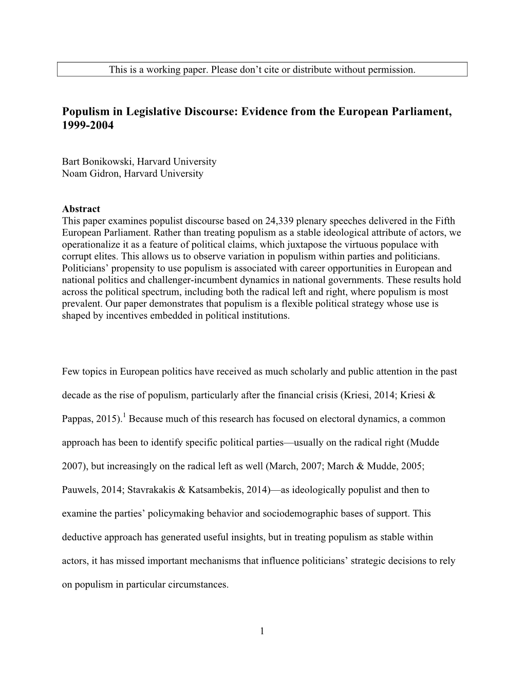 Populism in Legislative Discourse: Evidence from the European Parliament, 1999-2004