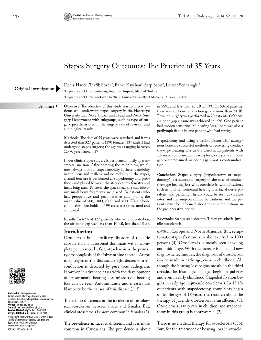 Stapes Surgery Outcomes: the Practice of 35 Years