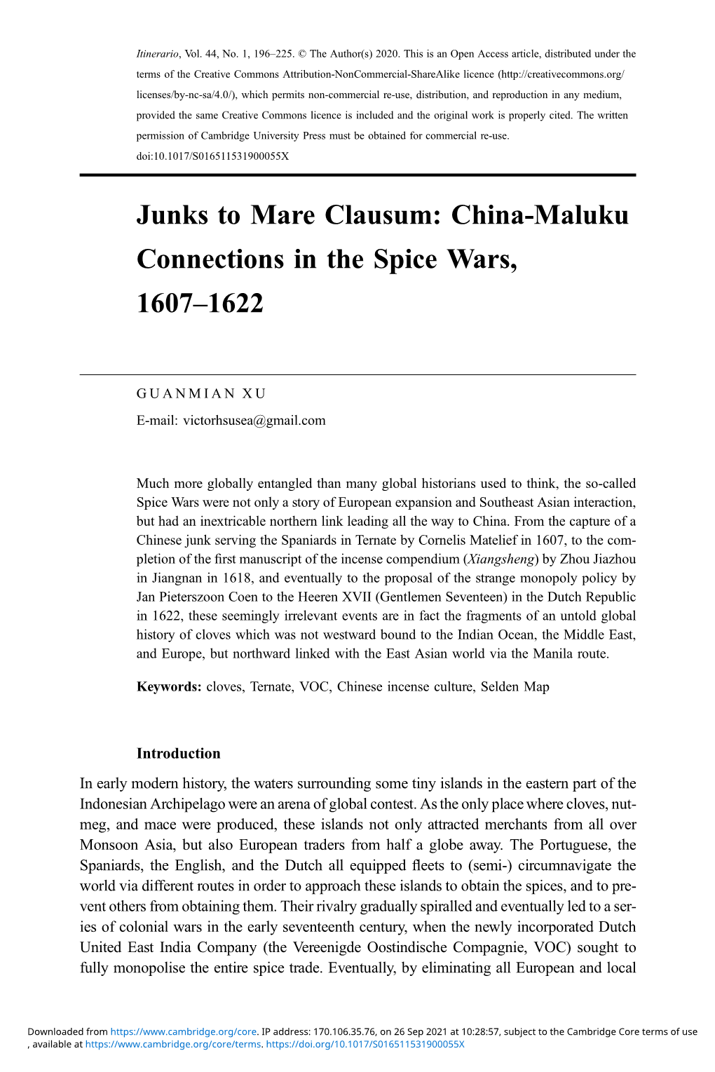 Junks to Mare Clausum: China-Maluku Connections in the Spice Wars, 1607–1622