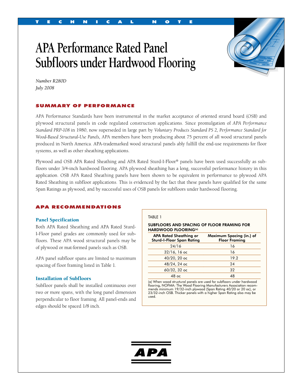 APA Performance Rated Panel Subfloors Under Hardwood Flooring