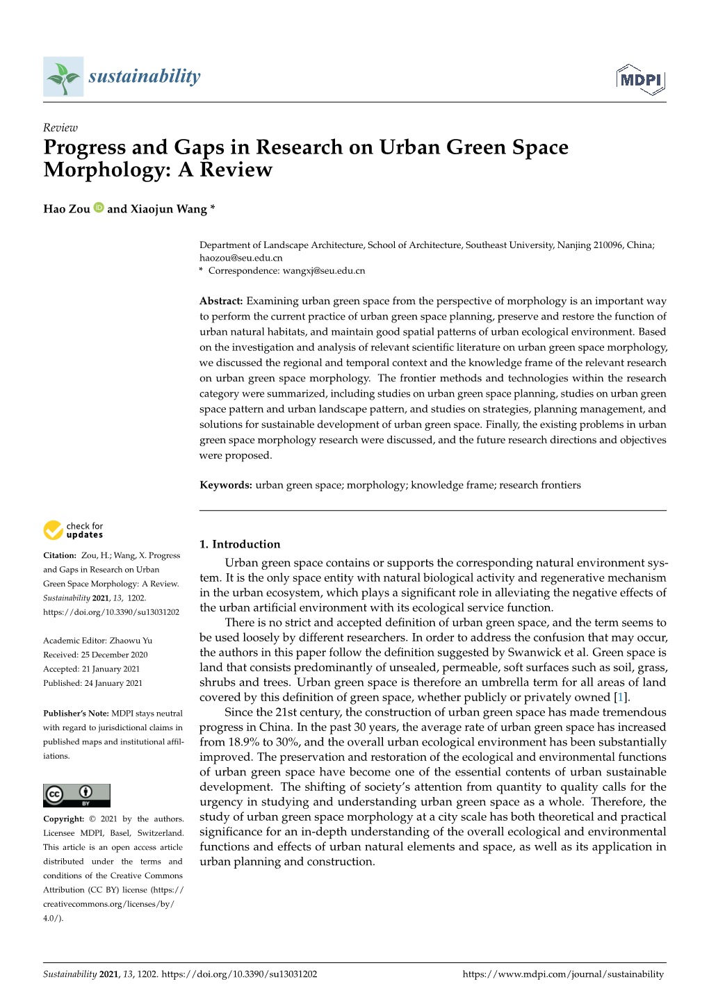 Progress and Gaps in Research on Urban Green Space Morphology: a Review