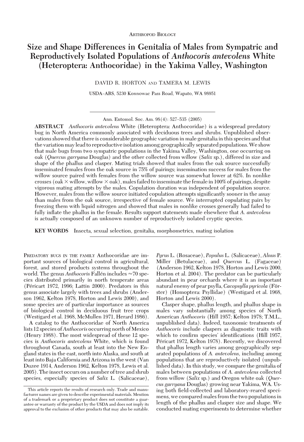 Size and Shape Differences in Genitalia of Males from Sympatric