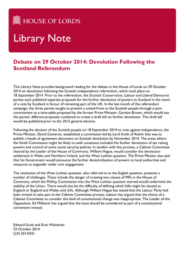 'Debate on 29 October 2014: Devolution Following the Scotland Referendum' Report