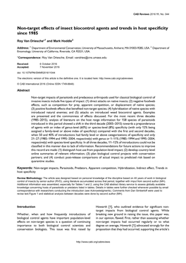 Non-Target Effects of Insect Biocontrol Agents and Trends in Host Specificity Since 1985