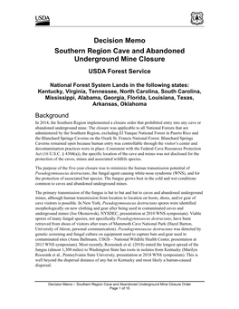 Decision Memo Southern Region Cave and Abandoned Underground Mine Closure USDA Forest Service