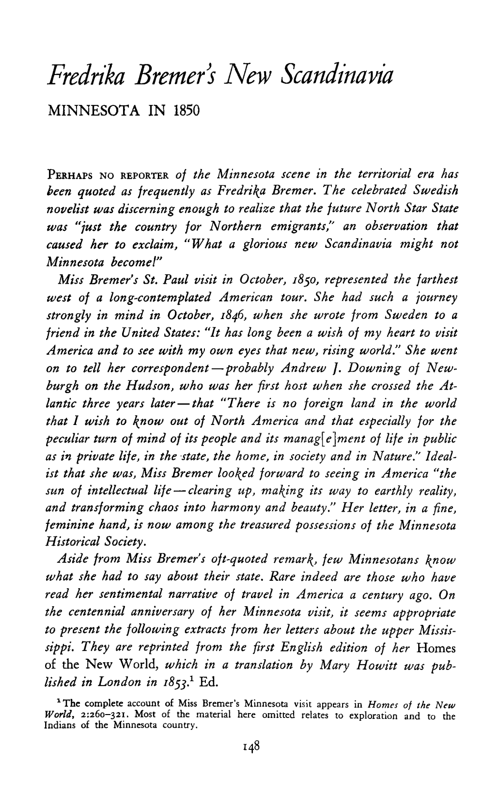 Fredrika Bremer's New Scandinavia MINNESOTA in 1850