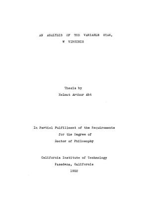Thesis by Helmut Arthur Abt in Partib.L Fulfillment of the Requirements For