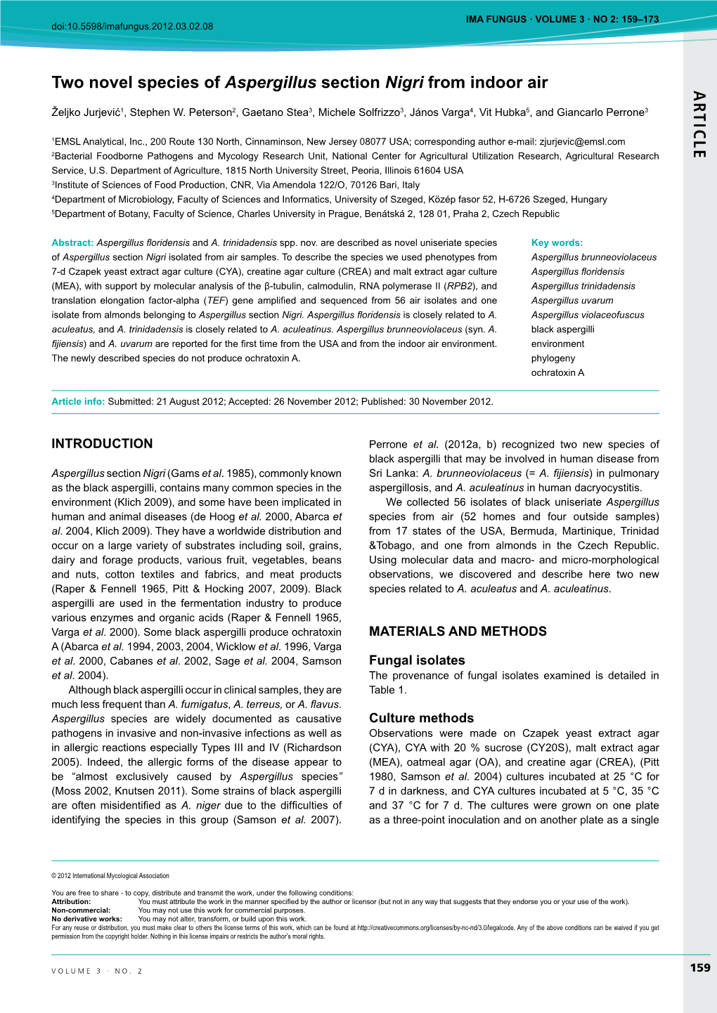 AR TICLE Two Novel Species of Aspergillus Section Nigri From