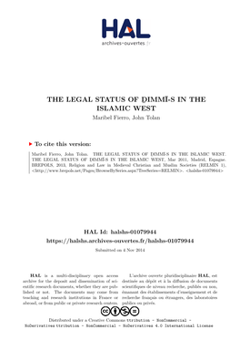 THE LEGAL STATUS of ḎIMMĪ-S in the ISLAMIC WEST Maribel Fierro, John Tolan
