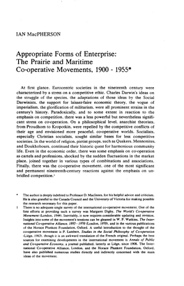 The Prairie and Maritime Co-Operative Movements, 1900 - 1955*