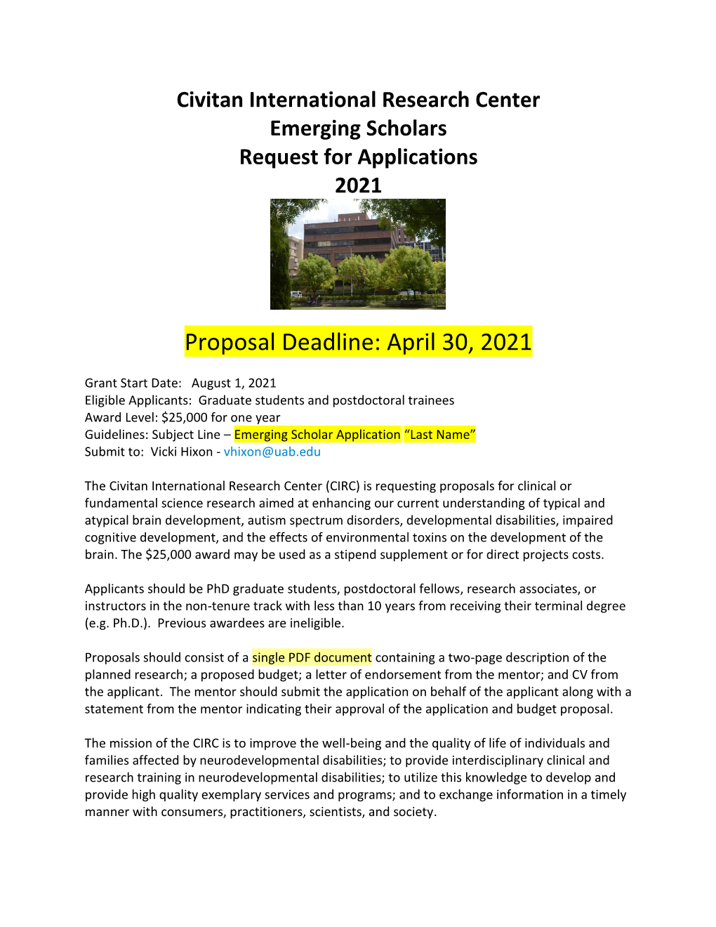 Proposal Deadline: April 30, 2021