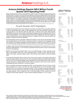 Avianca Holdings Reports $98.6 Million Fourth Quarter 2019 Operating Profit1 Fourth Quarter 2019 Highlights