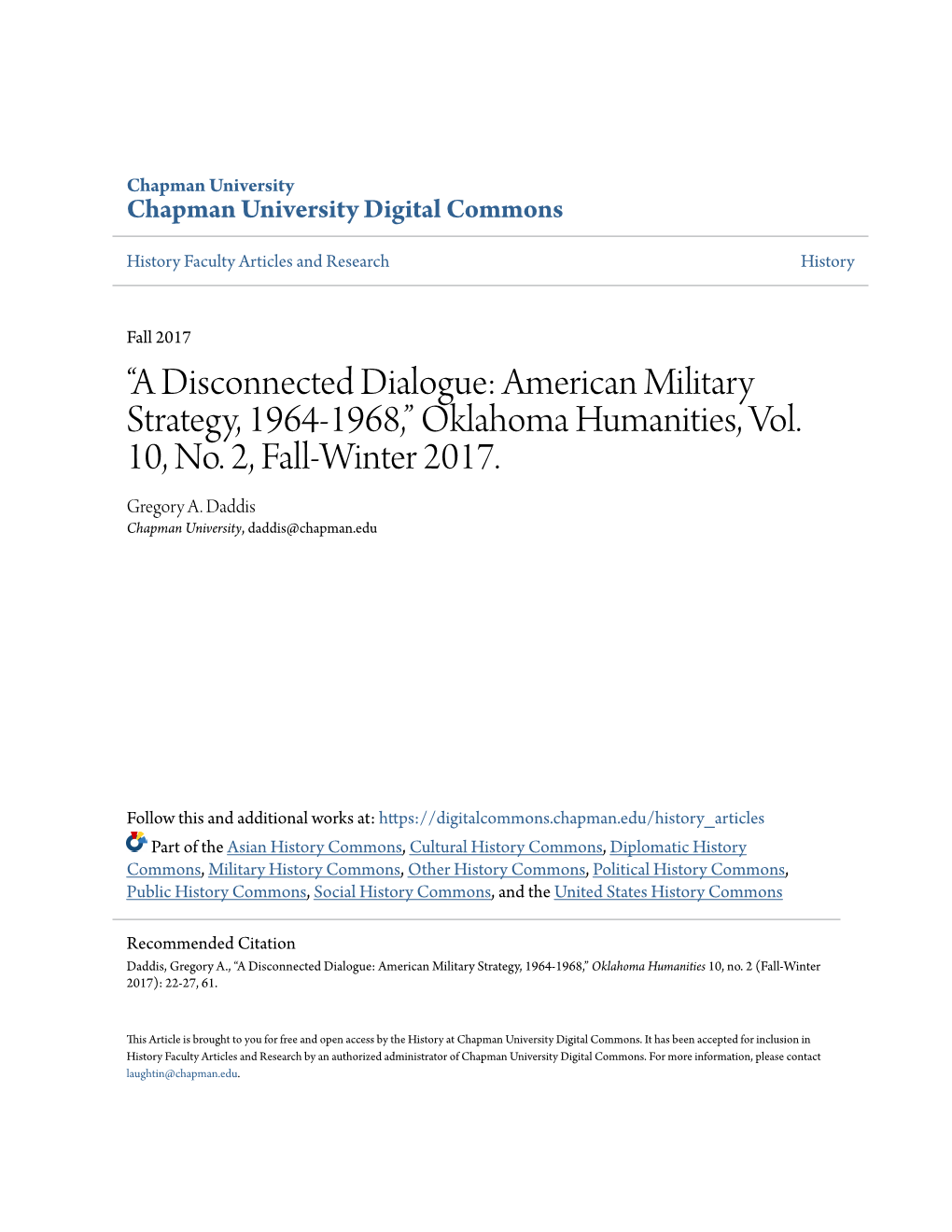 “A Disconnected Dialogue: American Military Strategy, 1964-1968,” Oklahoma Humanities, Vol