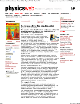 Fermionic First for Condensates (March 2004) - Physics World - Physicsweb