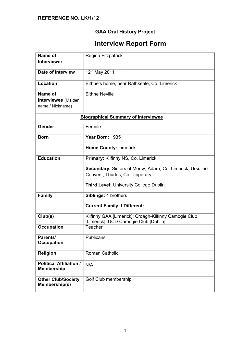 GAA Oral History Project Interview Report Form