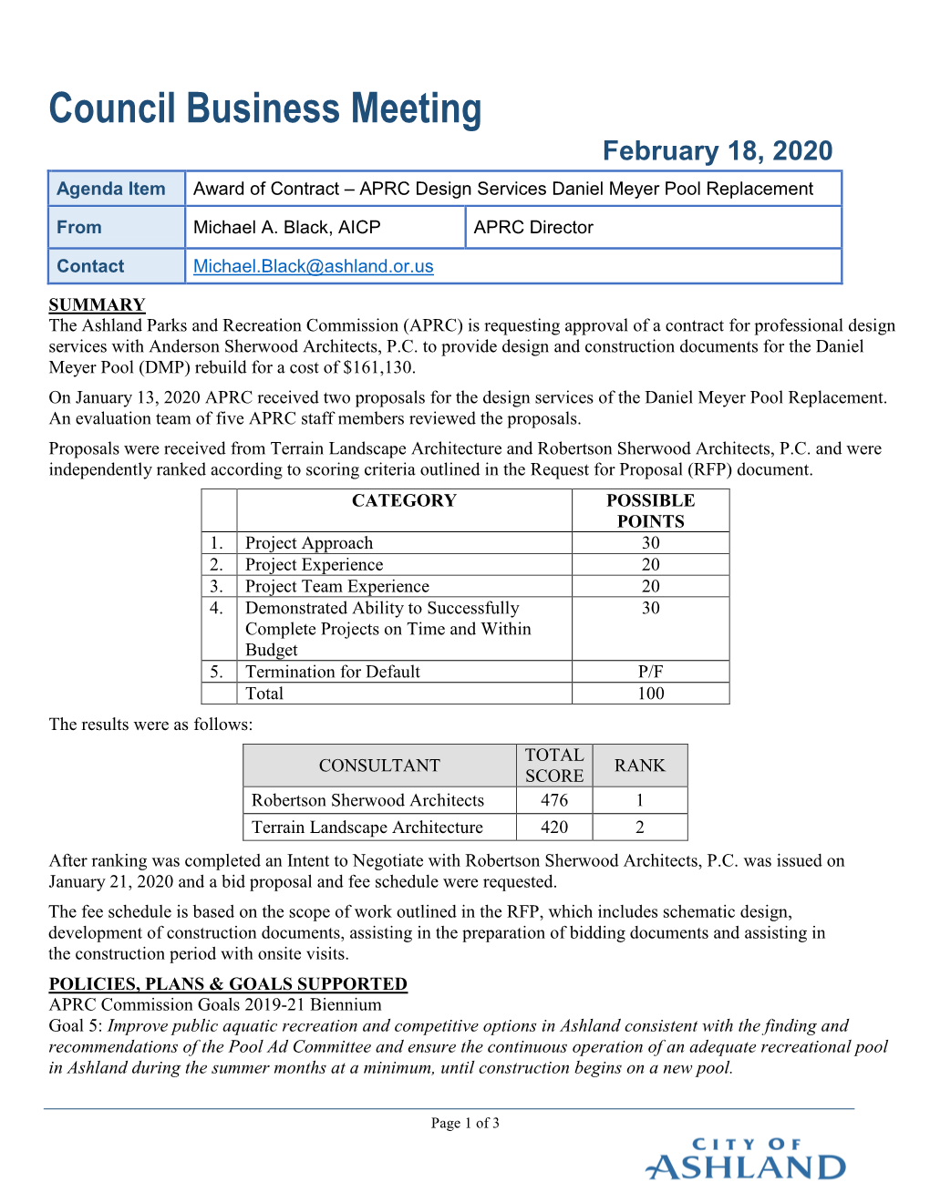 Council Business Meeting February 18, 2020 Agenda Item Award of Contract – APRC Design Services Daniel Meyer Pool Replacement