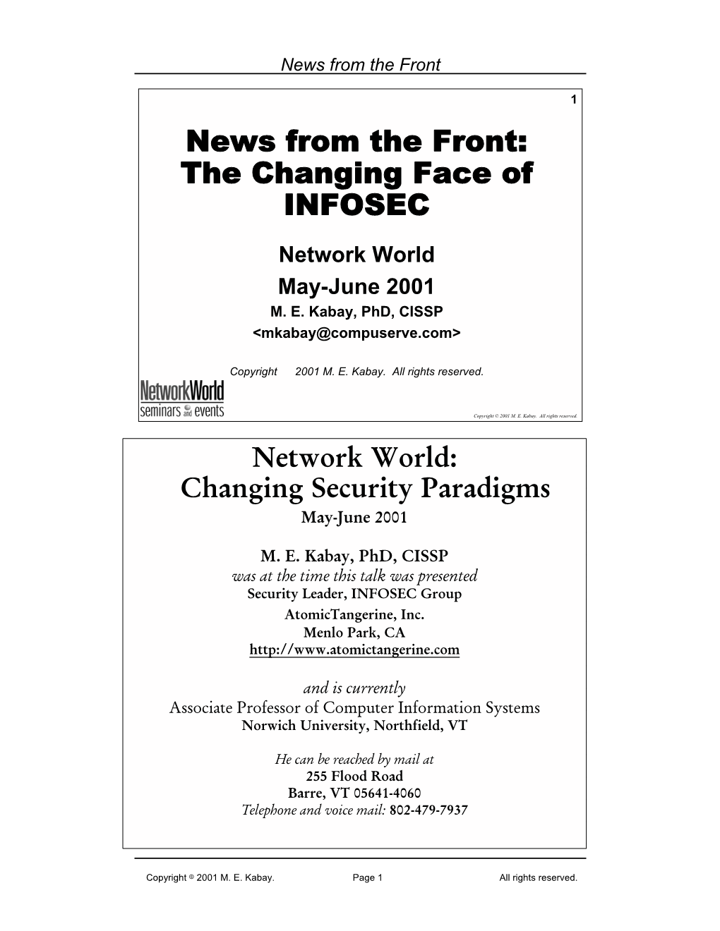 The Changing Face of INFOSEC Network World May-June 2001 M