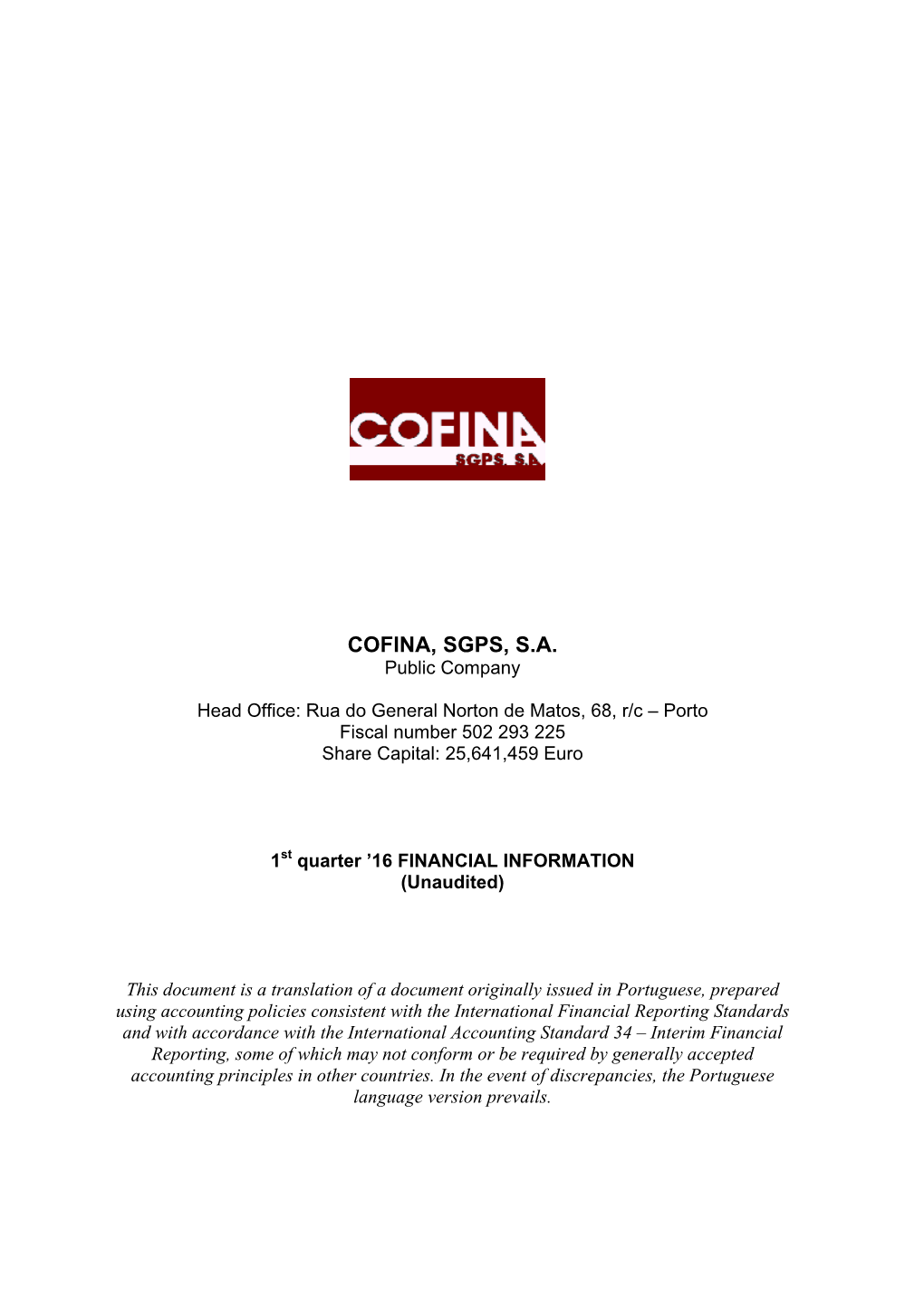 COFINA, SGPS, S.A. Public Company