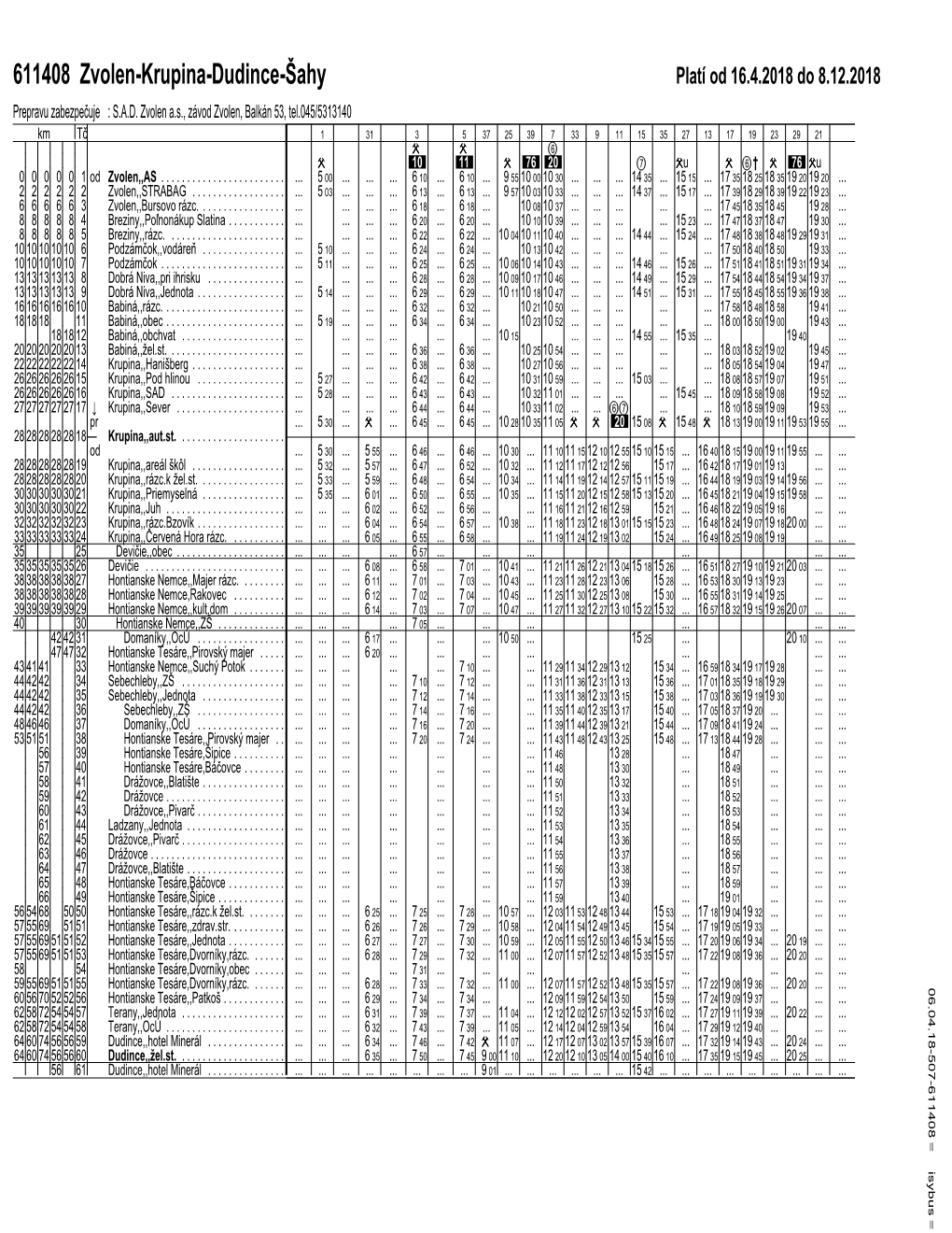 611408 Zvolen-Krupina-Dudince-Šahy Platí Od 16.4.2018 Do 8.12.2018