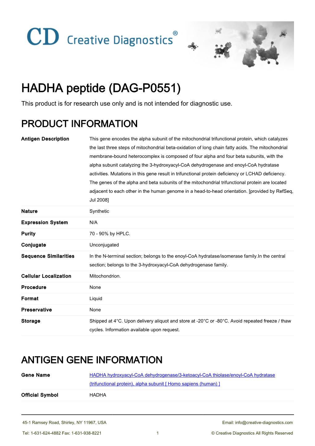 HADHA Peptide (DAG-P0551) This Product Is for Research Use Only and Is Not Intended for Diagnostic Use