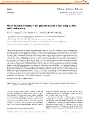 Water Balance Estimates of Ten Greatest Lakes in China Using Icesat and Landsat Data
