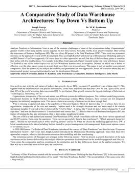 A Comparative Study of Data Warehouse Architectures: Top Down Vs Bottom up (IJSTE/ Volume 5 / Issue 9 / 008)