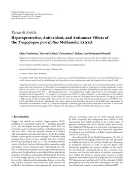 Hepatoprotective, Antioxidant, and Anticancer Effects of the Tragopogon Porrifolius Methanolic Extract