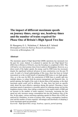 The Impact of Different Maximum Speeds on Journey Times, Energy Use, Headway Times and the Number of Trains Required for Phase One of Britain’S High Speed Two Line