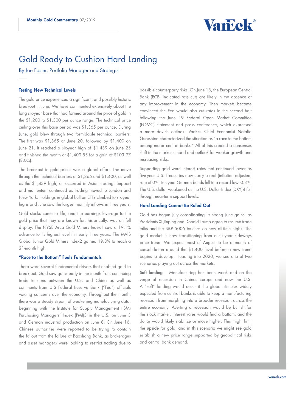 Gold Ready to Cushion Hard Landing by Joe Foster, Portfolio Manager and Strategist