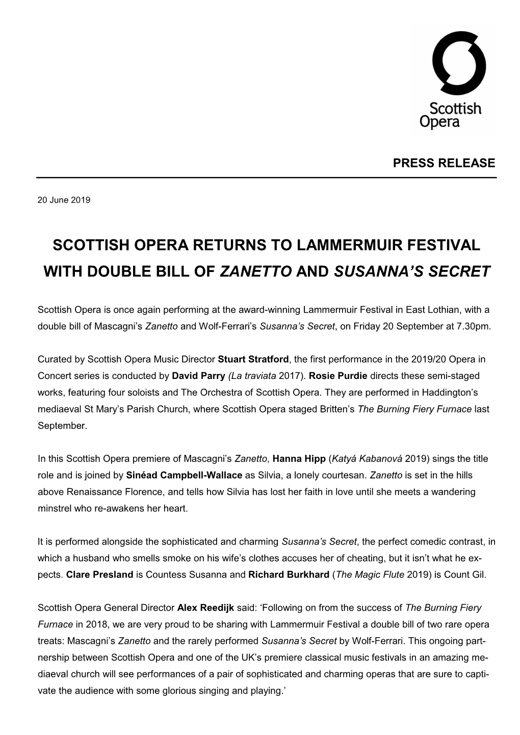 Scottish Opera Returns to Lammermuir Festival with Double Bill of Zanetto and Susanna’S Secret
