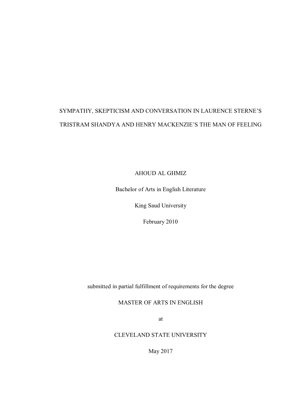 Sympathy, Skepticism and Conversation in Laurence Sterne’S